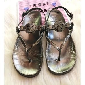 Tory Burch Thong T-Strap Metallic Silver Sandals